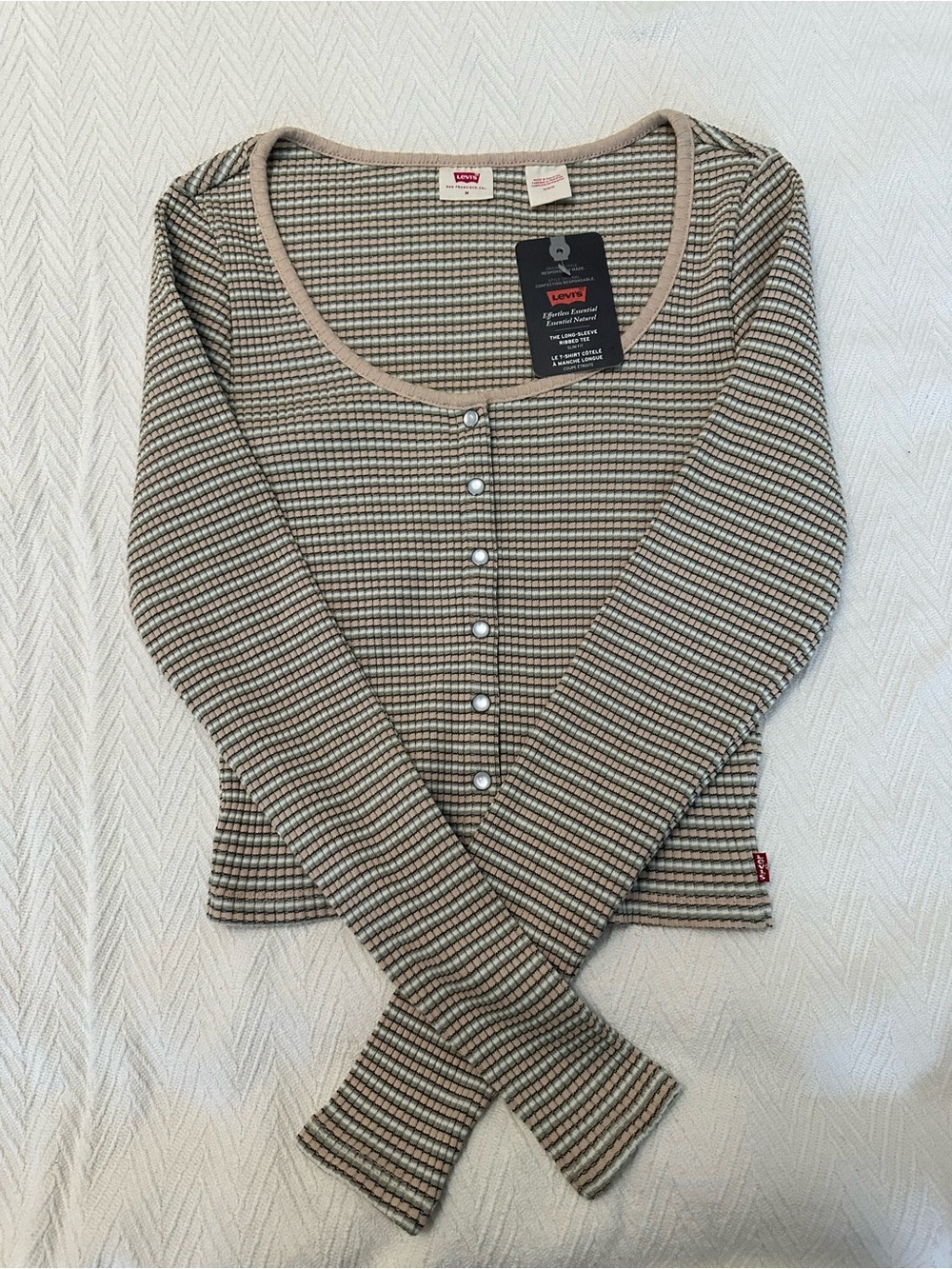 Levi’s Britt Skim Fit Women’s Striped Ribbed Button-Front Top in Beige and Olive